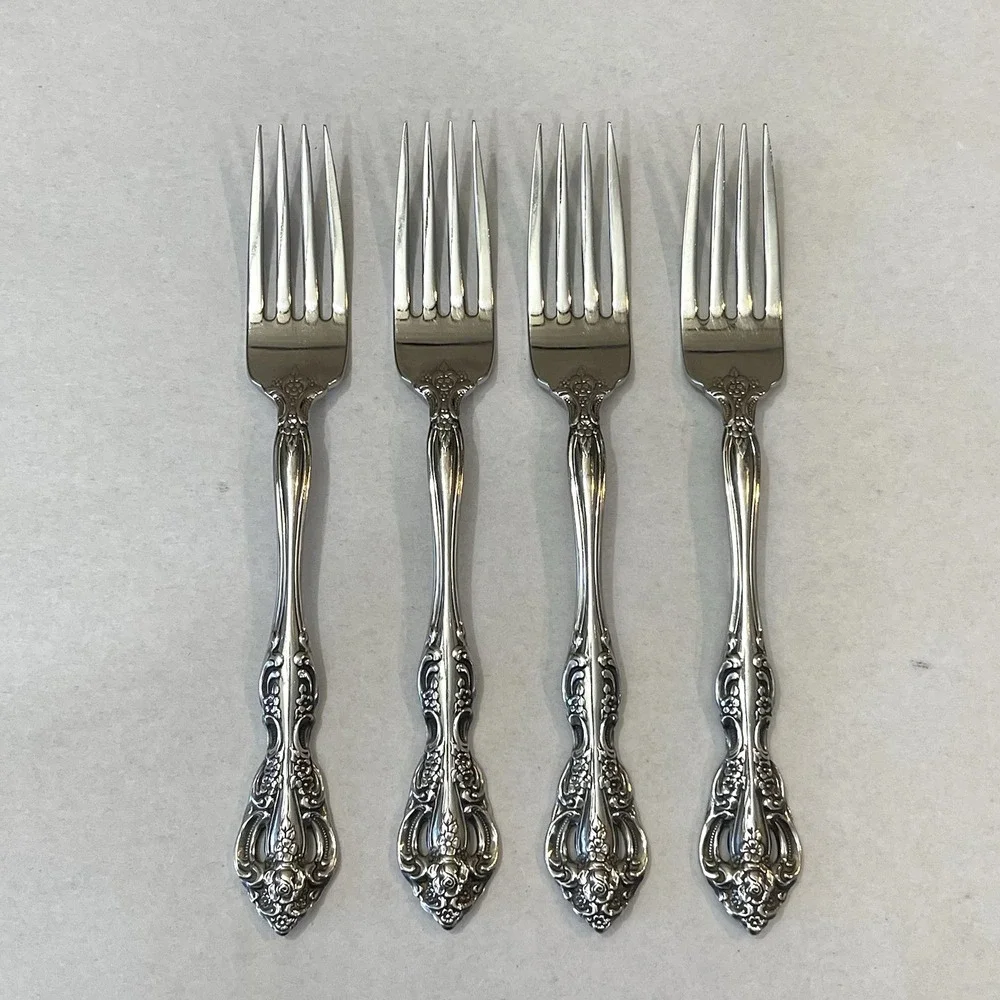 Set 4 Oneida Michelangelo Dinner Forks Cube Mark Stainless Ornate Flatware 7.25